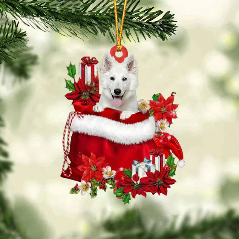 White German Shepherd In Gift Bag Christmas Ornament