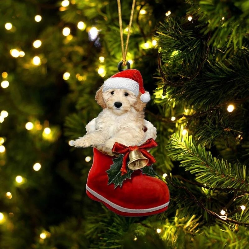 Goldendoodle Apricot In Santa Boot Christmas Hanging Ornament