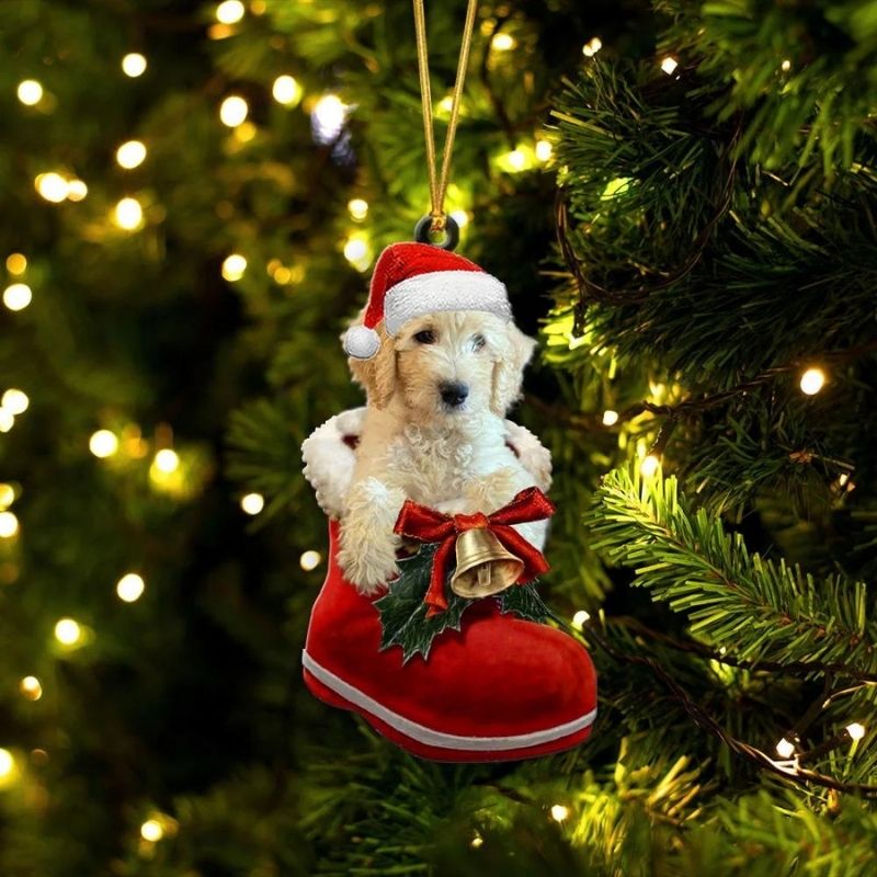 Goldendoodle Cream In Santa Boot Christmas Hanging Ornament