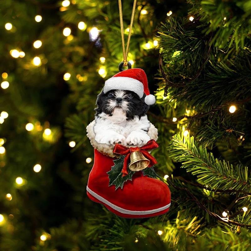 Shih Tzu In Santa Boot Christmas Hanging Ornament