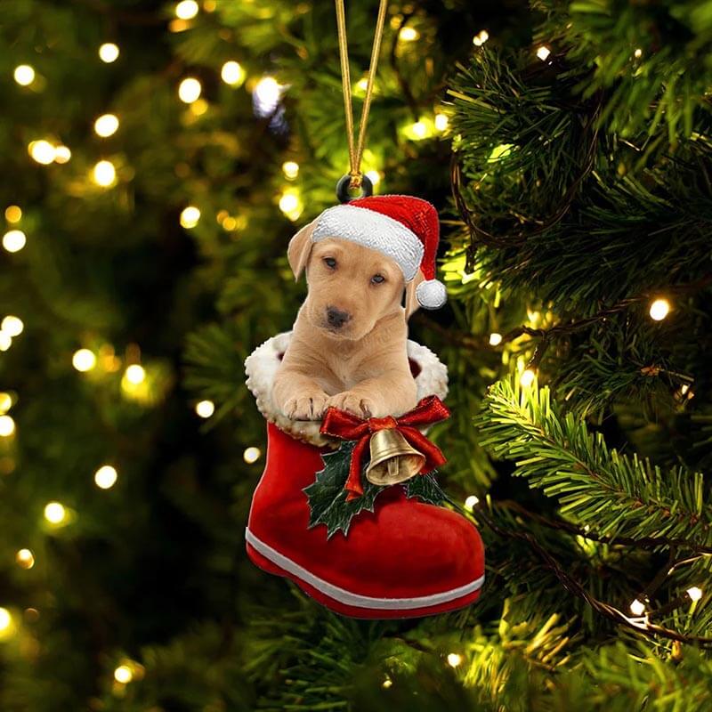 Yellow Labrador In Santa Boot Christmas Hanging Ornament