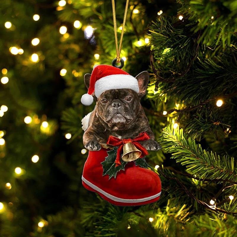 French Bulldog In Santa Boot Christmas Hanging Ornament