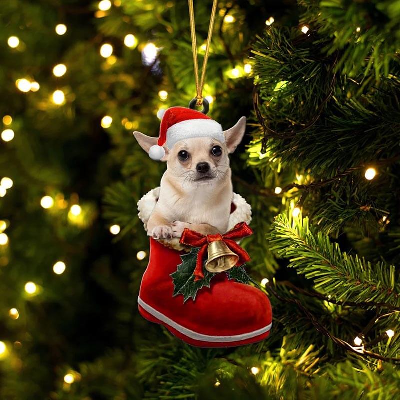 Cream Chihuahua In Santa Boot Christmas Hanging Ornament