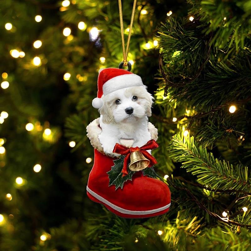 White Cavachon In Santa Boot Christmas Hanging Ornament