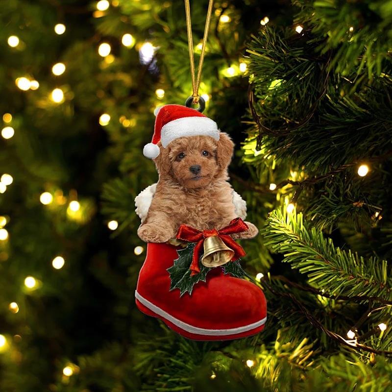 Brown Poodle In Santa Boot Christmas Hanging Ornament