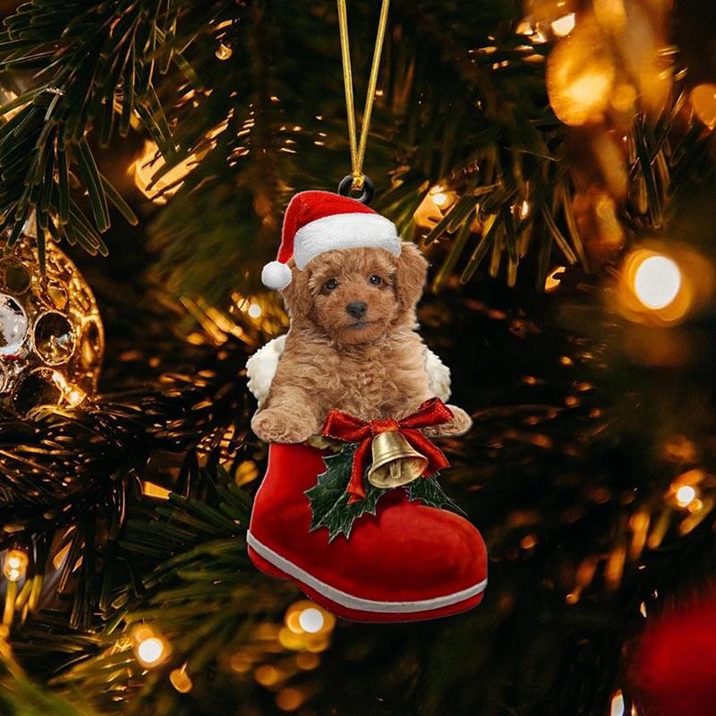 Brown Poodle In Santa Boot Christmas Hanging Ornament