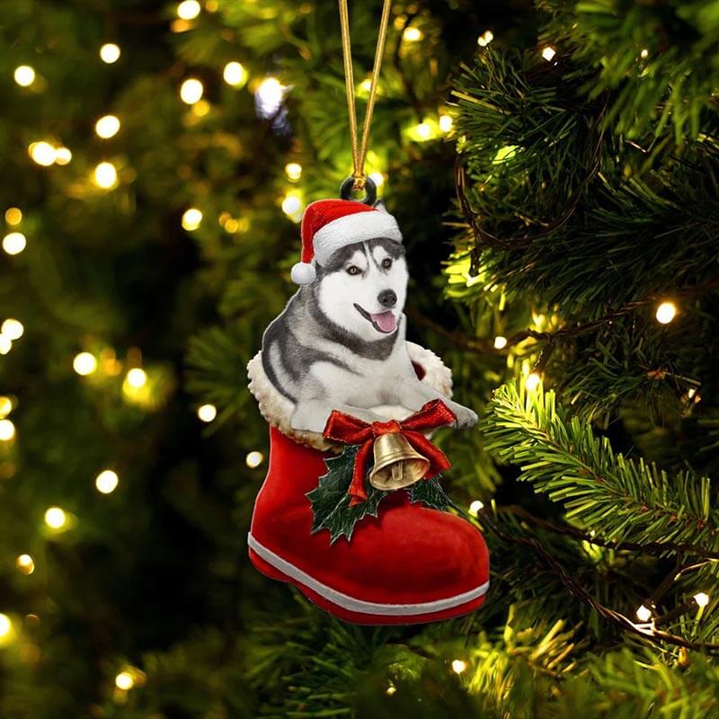 Grey Husky In Santa Boot Christmas Hanging Ornament