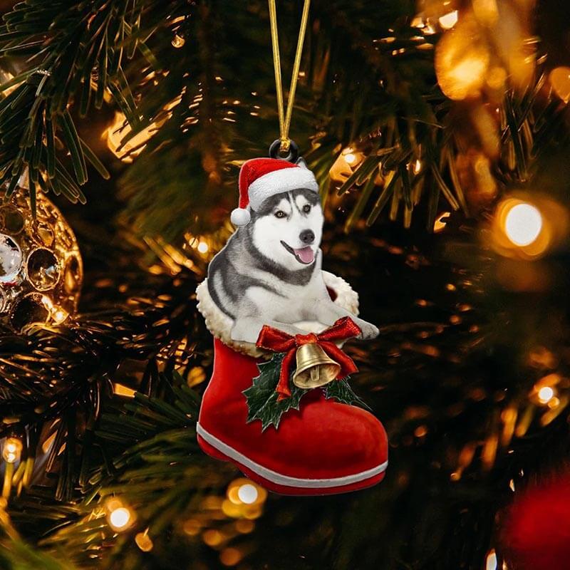 Grey Husky In Santa Boot Christmas Hanging Ornament