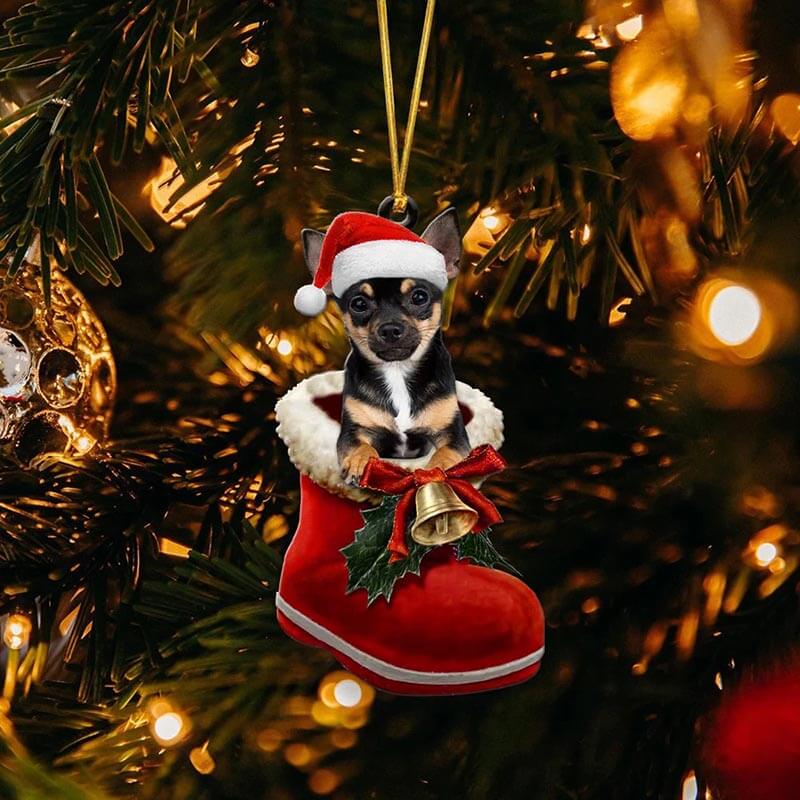 Chihuahua Black In Santa Boot Christmas Hanging Ornament