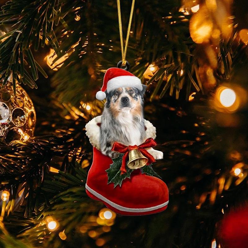 Australian Shepherd In Santa Boot Christmas Hanging Ornament