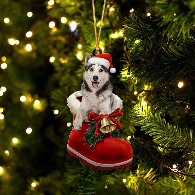 White Husky In Santa Boot Christmas Hanging Ornament