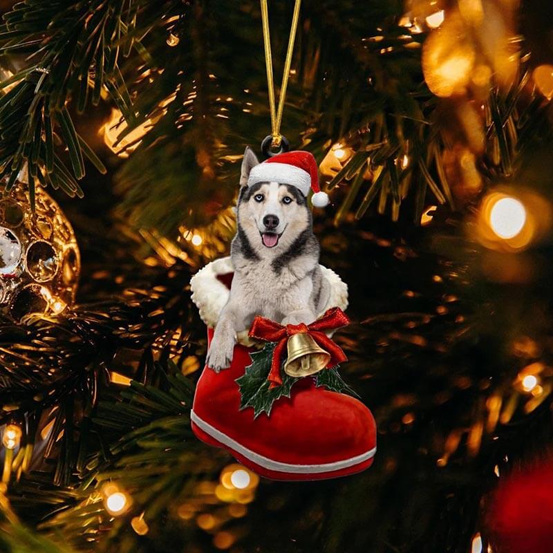 White Husky In Santa Boot Christmas Hanging Ornament