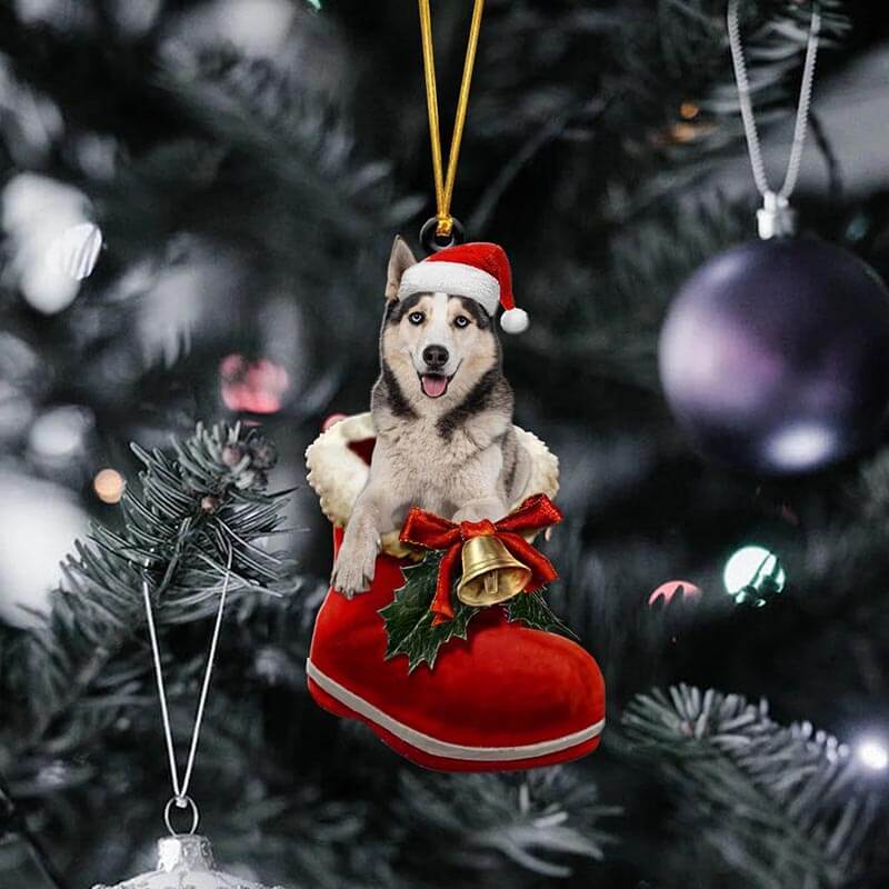 White Husky In Santa Boot Christmas Hanging Ornament