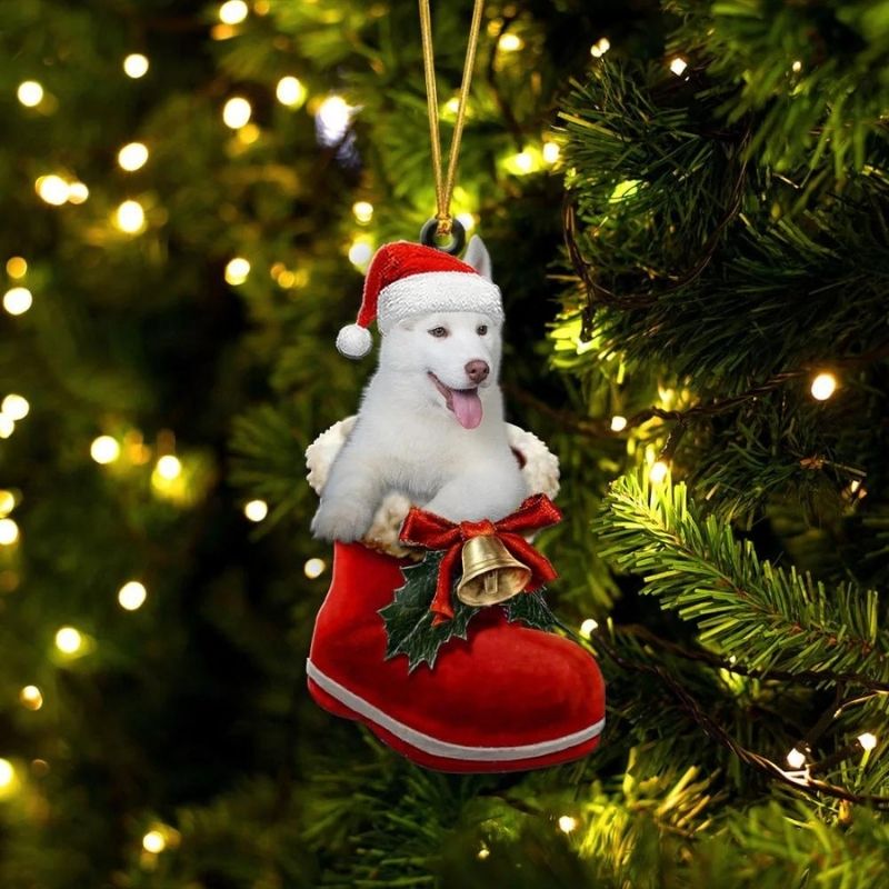Siberian Husky White In Santa Boot Christmas Hanging