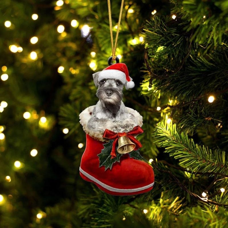 Miniature Schnauzer In Santa Boot Christmas Hanging Ornament