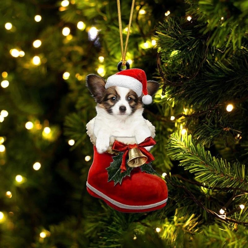 Papillon Dog In Santa Boot Christmas Hanging Ornament