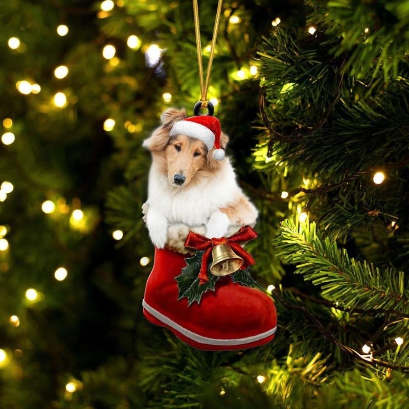 Rough Collie In Santa Boot Christmas Hanging Ornament