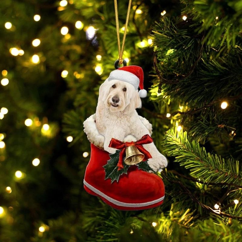 Goldendoodle Cream In Santa Boot Christmas Hanging Ornament