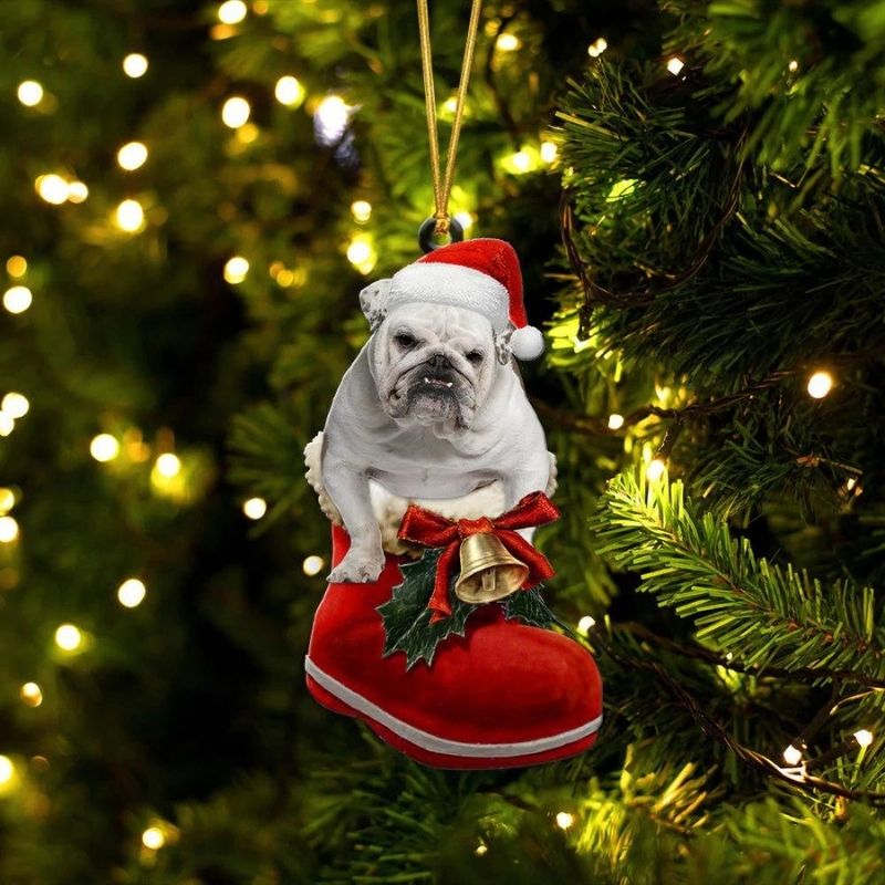 English Bulldog White In Santa Boot Christmas Hanging