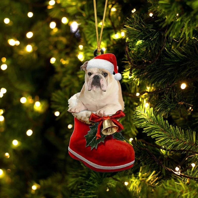 English Bulldog Fawn In Santa Boot Christmas Hanging
