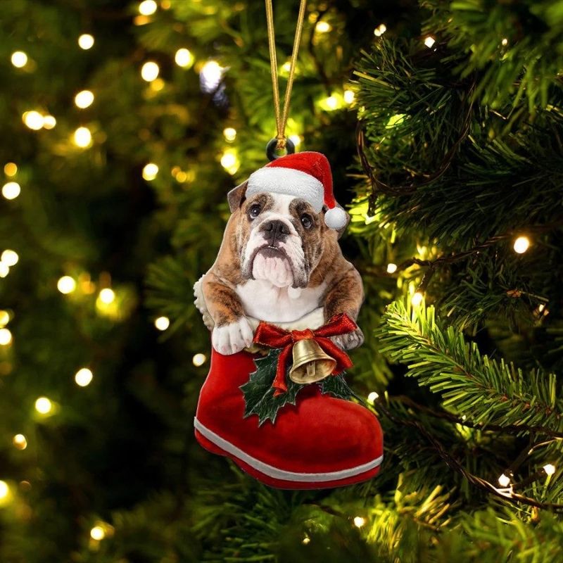 English Bulldog Brindle In Santa Boot Christmas Hanging
