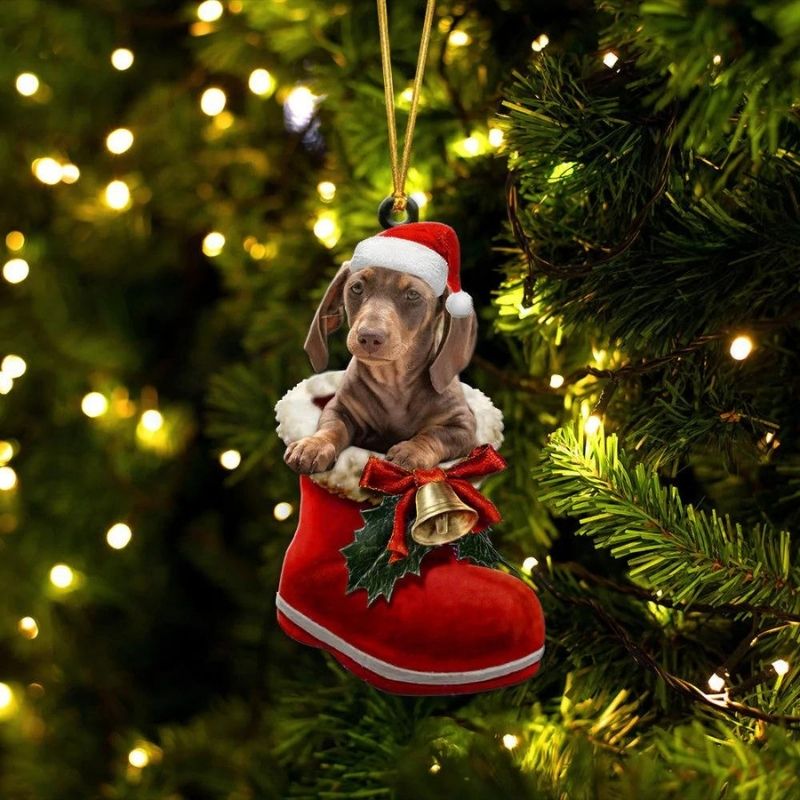 Dachshund Chocolate In Santa Boot Christmas Hanging Ornament
