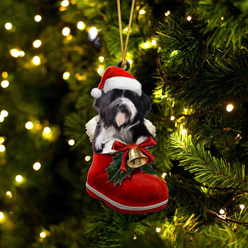 Tibetan Terrier In Santa Boot Christmas Hanging Ornament