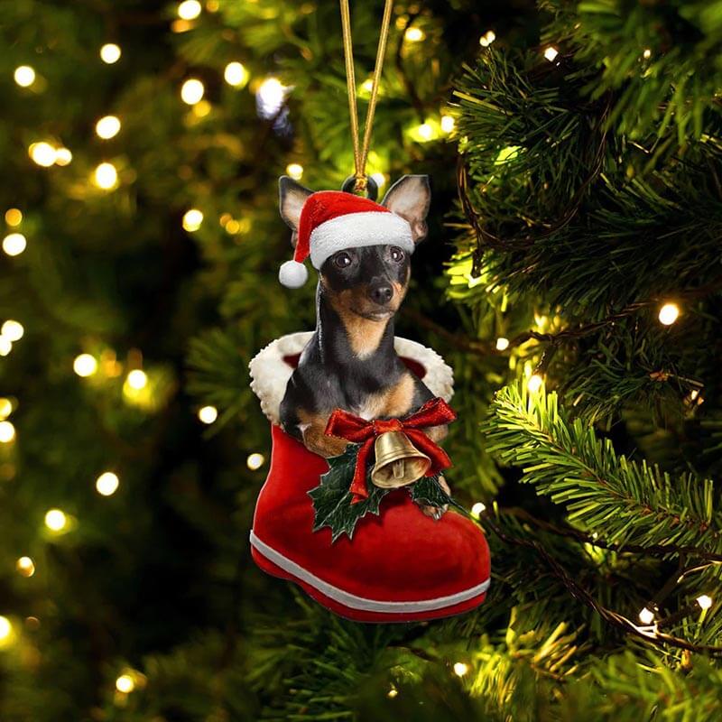 Miniature Pinscher In Santa Boot Christmas Hanging Ornament