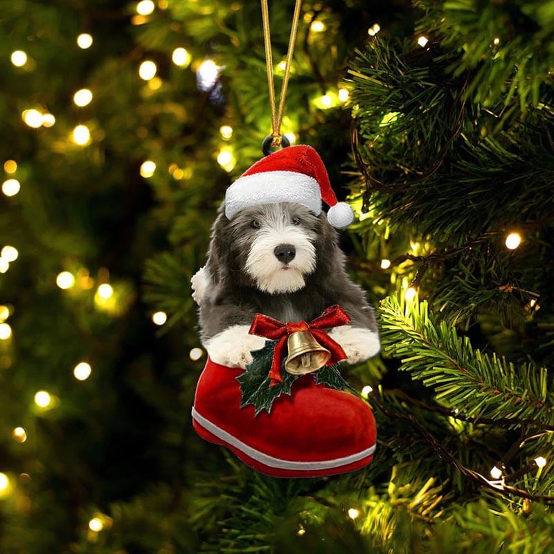 Old English Sheepdog In Santa Boot Christmas Hanging