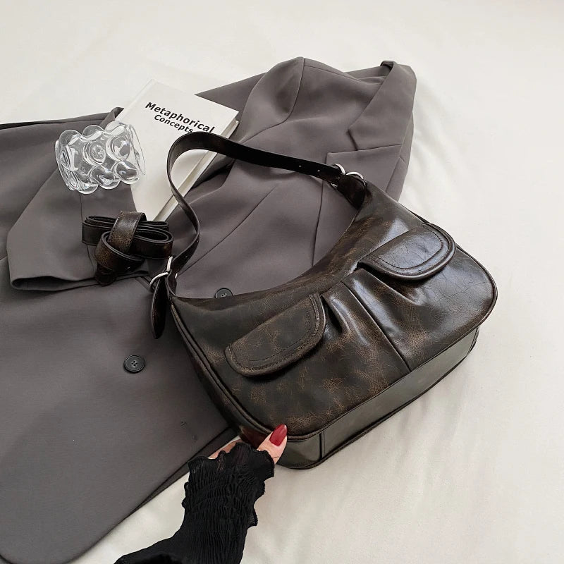 LEFTSIDE Fashion Double pockets Design Retro PU Leather Shoulder Bag for Women 2023 Female Crossbody Bag Underarm Bags Handbags