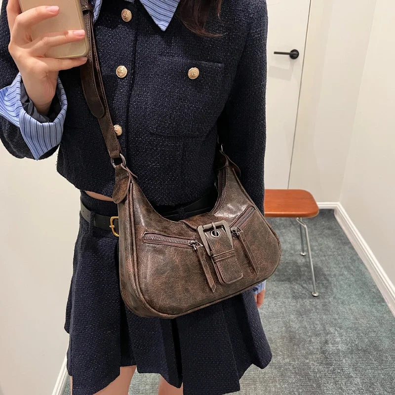 LEFTSIDE Retro Belt Design PU Leather Shoulder Bags for Women 2023 Y2K Small Vintage Female Underarm Crossbody Bag Handbags