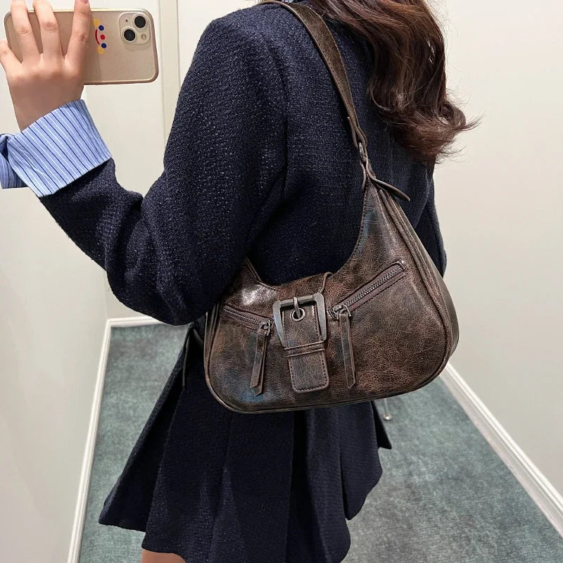 LEFTSIDE Retro Belt Design PU Leather Shoulder Bags for Women 2023 Y2K Small Vintage Female Underarm Crossbody Bag Handbags