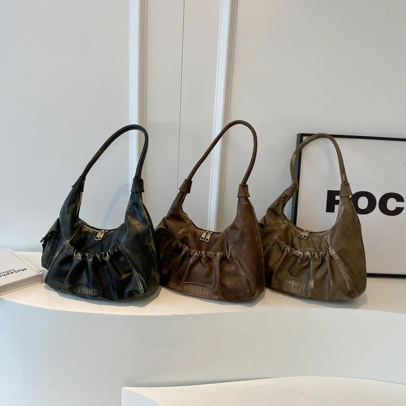 LEFTSIDE Retro Leather Shoulder Bags for Women 2023 Winter Vintage Underarm Bag Handbags and Purses Latest Fashion Hand Bag