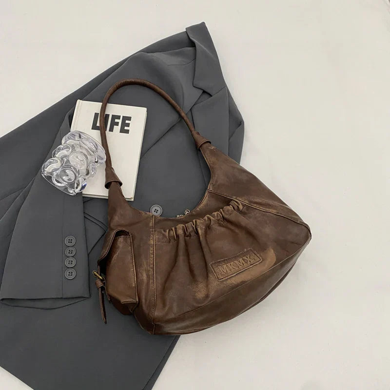 LEFTSIDE Retro Leather Shoulder Bags for Women 2023 Winter Vintage Underarm Bag Handbags and Purses Latest Fashion Hand Bag