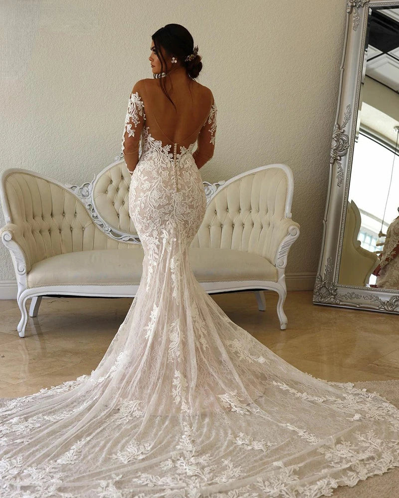 LINLING Custom Made Obe De Mariée En Dentelle, Style Boho, Illusion De Sirène, Corsage, Manches Longues, Col Transparent, 2023
