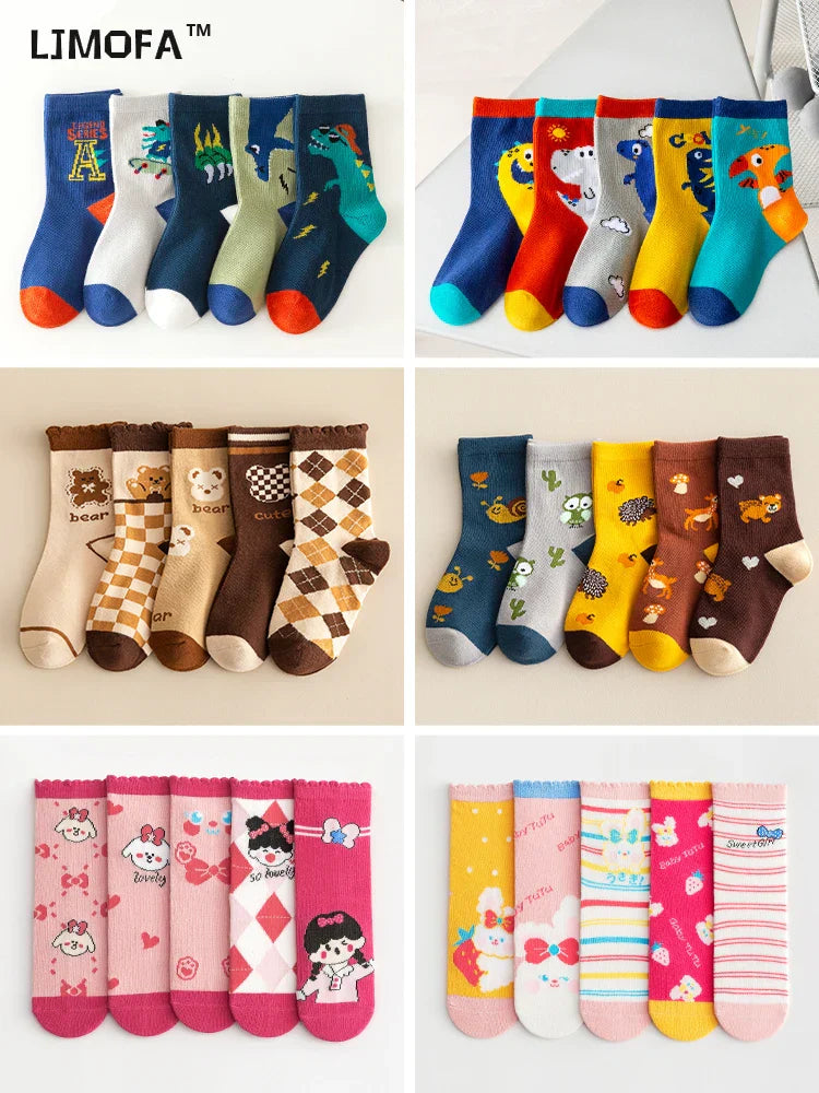 LJMOFA 5 Pairs Cotton Kids Socks Dinosaur Cartoon