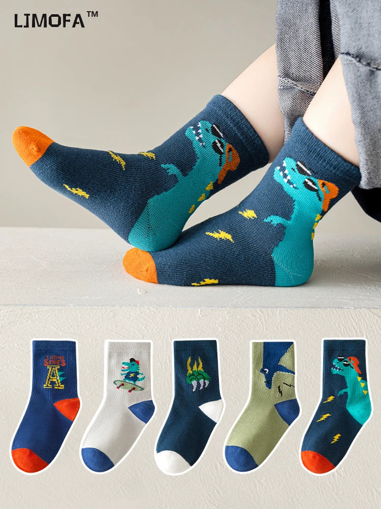 LJMOFA 5 Pairs Cotton Kids Socks Dinosaur Cartoon