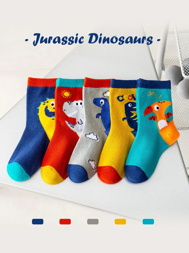 LJMOFA 5 Pairs Cotton Kids Socks Dinosaur Cartoon