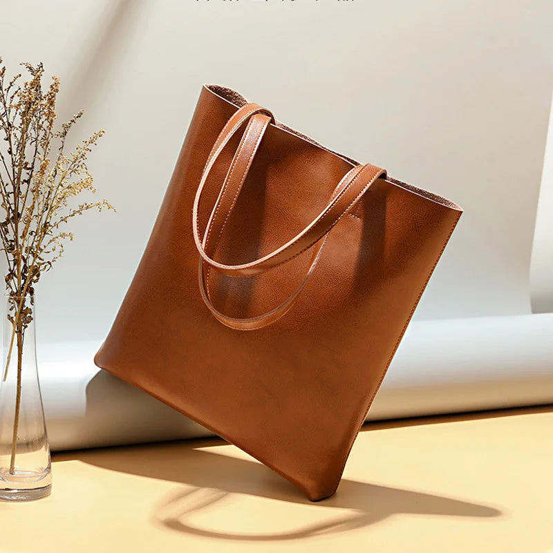 Large Capacity Female Split Leather Tote Bags Oil Wax Cowhide Lady Shopping Handbag Women Classic Solid Color Shoulder Bag New