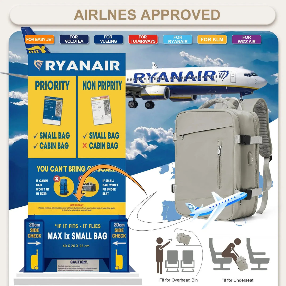 Likros Travel Backpack Cabin Bag 40x20x25 Ryanair Flight