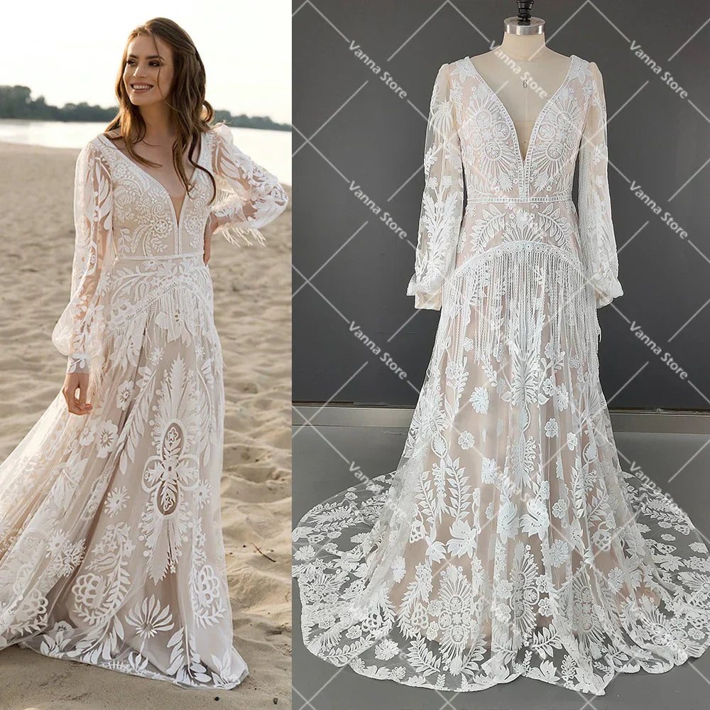 Long Puffy Sleeves Allover Lace Boho Elopement Bridal