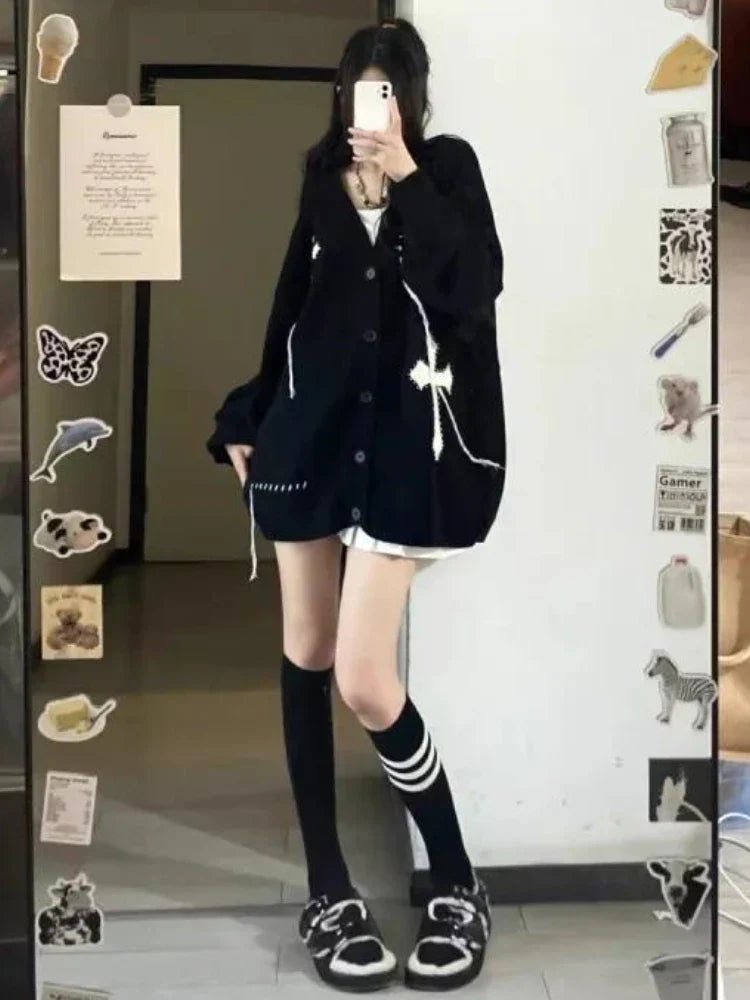 Loose Streetwear Embroidery Cardigan Women Korean Jacquard Oversized