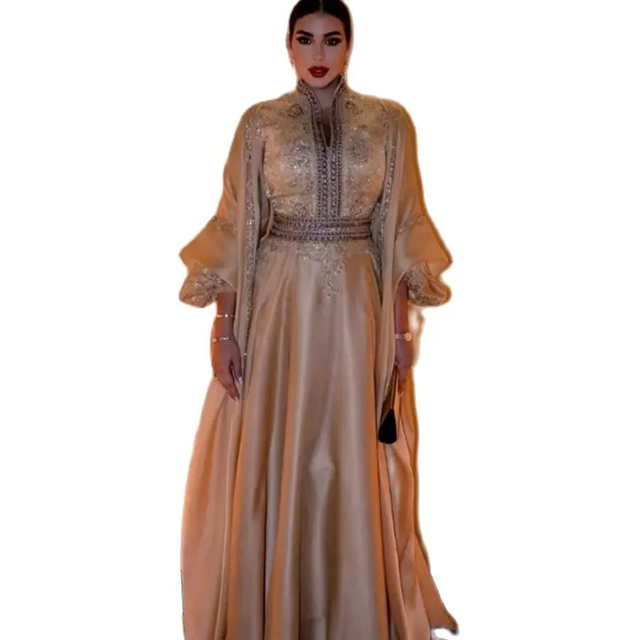 Luxury Golden Arabic Evening Dress 2023 Long Sleeve