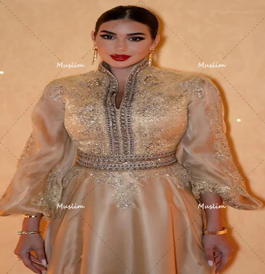 Luxury Golden Arabic Evening Dress 2023 Long Sleeve