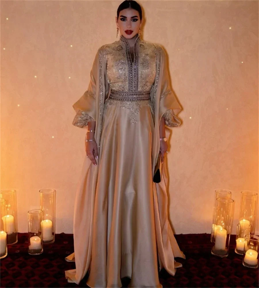 Luxury Golden Arabic Evening Dress 2023 Long Sleeve