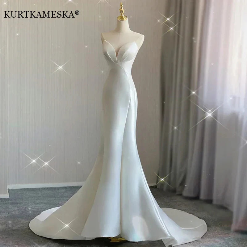 Luxury White Satin Wedding Trailing Mermaid Maxi Dresses