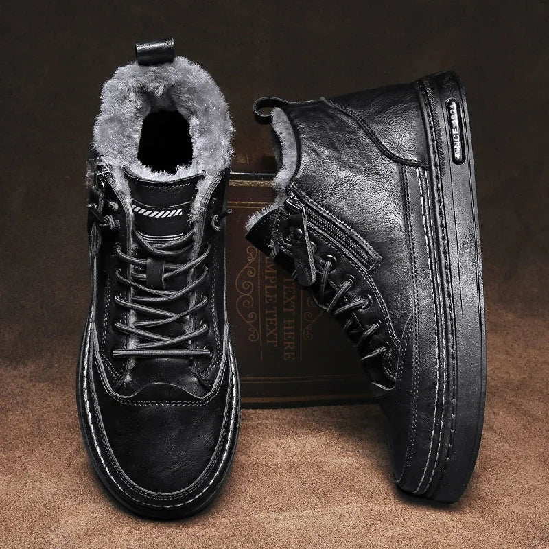 Men's Leather Boots 2023 Winter Platform Warm Fur