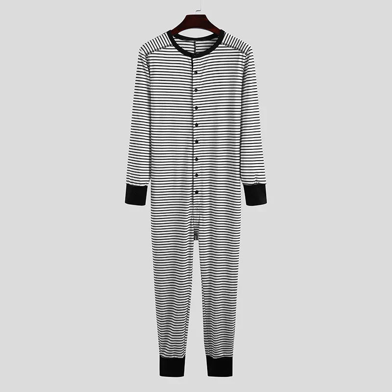Men's Striped Pajamas O-Neck Long Sleeve Romper Home
