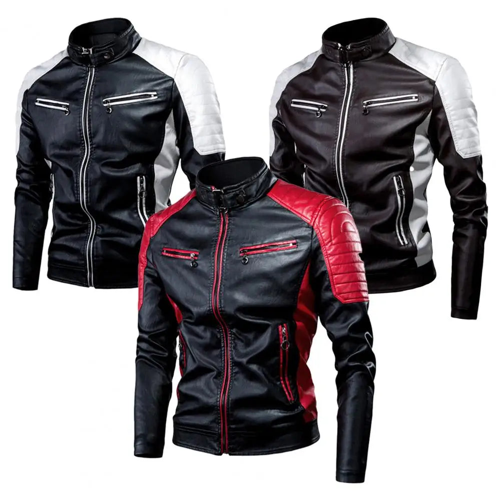 Men's Winter Pu Jacket Motorcycle Waterproof Cool Contrast