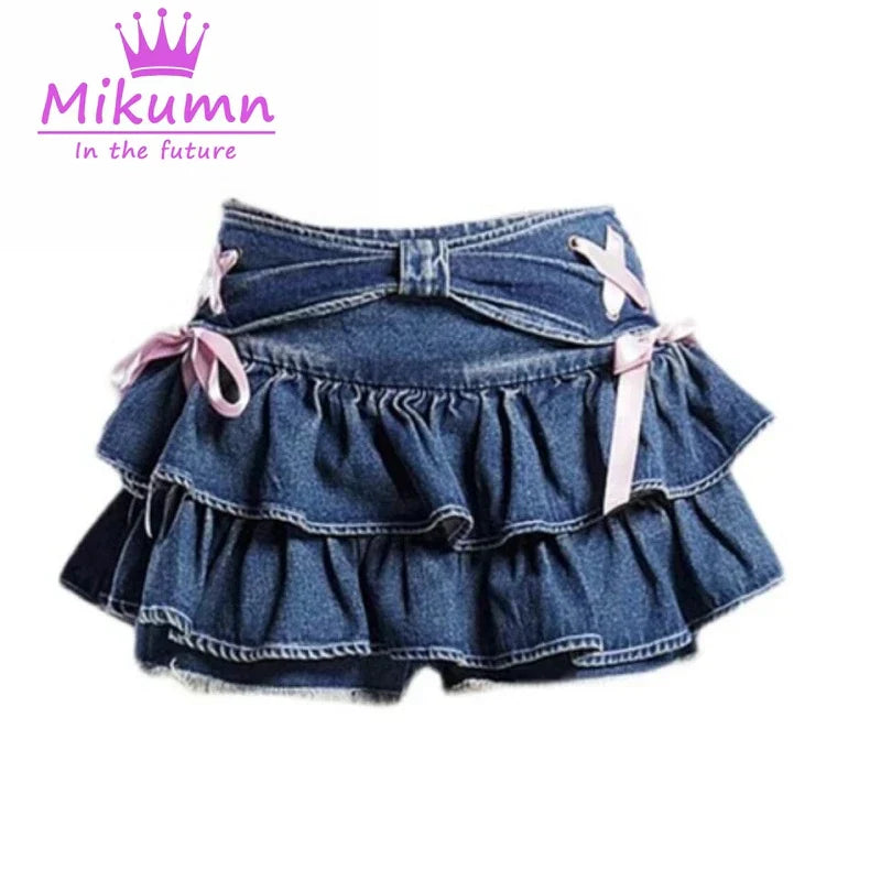 Mikumn Blue Denim Pleated Skirt Y2K Aesthetic Sweet
